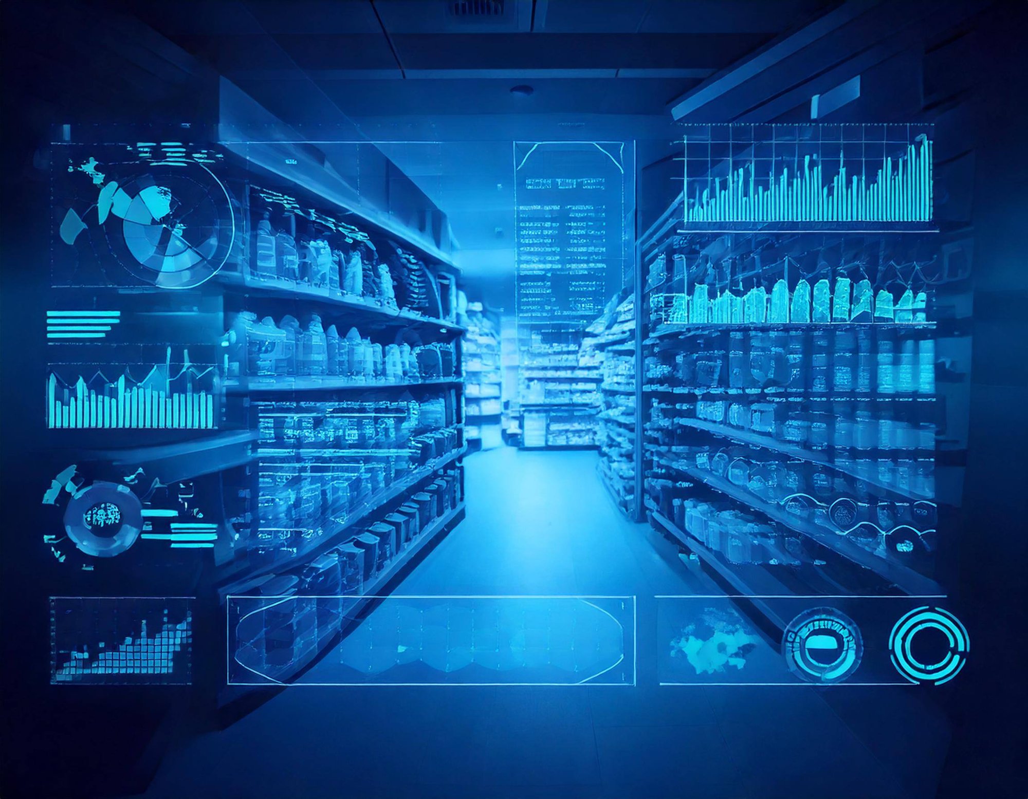 Firefly from data to action, with items in a store and data & analytics visualized by graphs and num