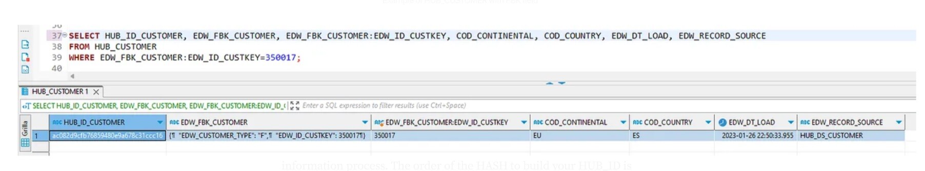 Query on HUB_CUSTOMER filtering by BK in a FBK field