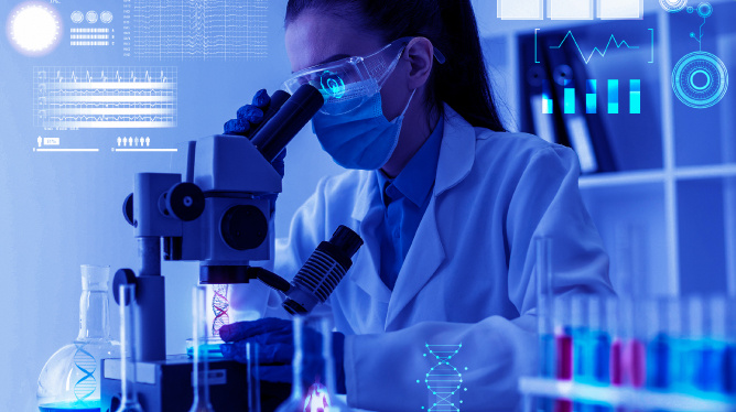 Woman looking into microscope, surrounded by data.